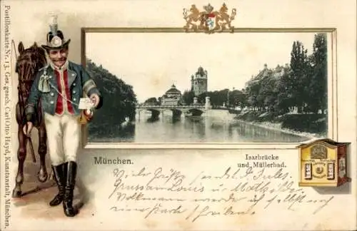 Künstler Ak München Bayern, Isarbrücke, Müllerbad, Postillonkarte Nr. 13