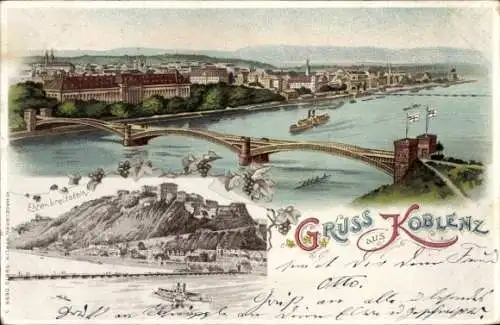 Litho Koblenz am Rhein, Festung Ehrenbreitstein, Stadtansicht