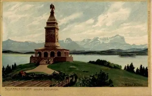 Künstler Litho Diemer, Zeno, Assenhausen Berg am Starnberger See, Bismarckturm gegen Zugspitze