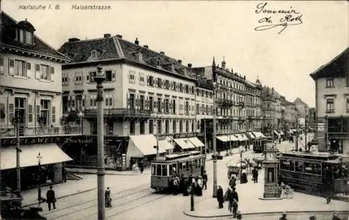 Ak Karlsruhe in Baden, Kaiserstraße, Straßenbahnen
