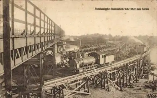 Ak Polen, Provisorische Eisenbahnbrücke über Narew