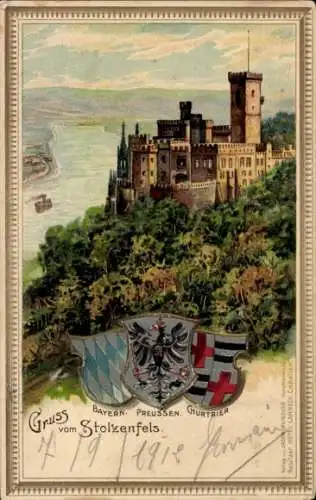 Präge Wappen Litho Stolzenfels Koblenz am Rhein, Gesamtansicht, Burg, Preußen, Churtrier