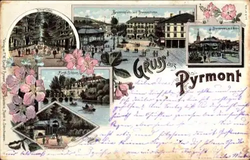 Litho Bad Pyrmont in Niedersachsen, Schloss, Kirche, Brunnenplatz, Helenenquelle