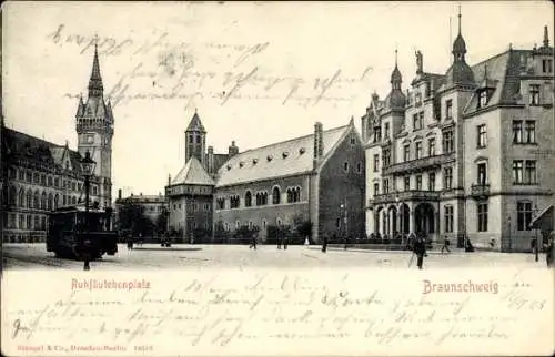 Ak Braunschweig in Niedersachsen, Ruhfäutchenplatz, Straßenbahn, Turm