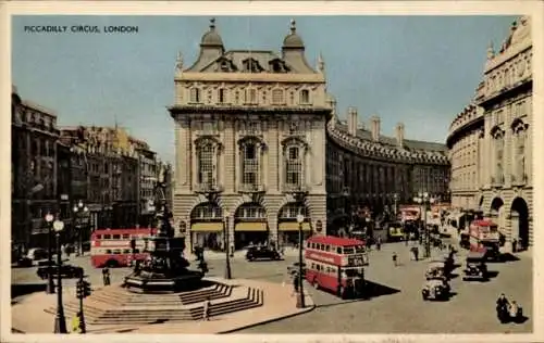 Ak London City England, Piccadilly Circus, Busse, Brunnen