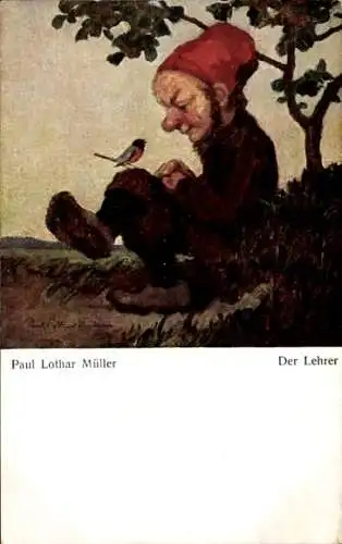 Künstler Ak Müller, Paul Lothar, Der Lehrer, Zwerg, Vogel