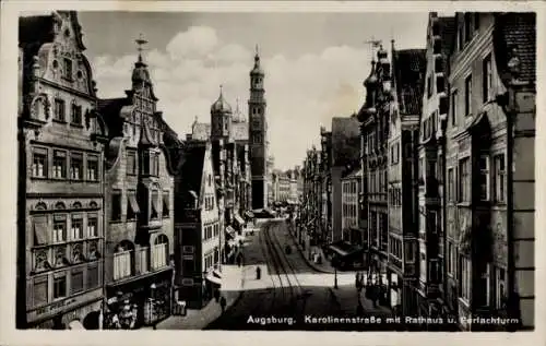 Ak Augsburg in Schwaben, Karolinenstraße mit Rathaus u. Perlachturm, Engelapotheke