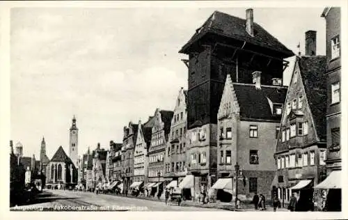 Ak Augsburg in Schwaben, Jakoberstraße mit Färberhaus, Geschäfte, Passanten