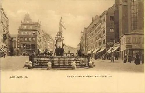 Ak Augsburg in Schwaben, Markusbrunnen, Mittlere Maximilianstraße