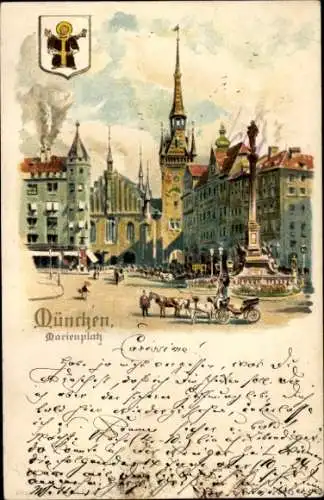 Litho München Bayern, Marienplatz, Wappen