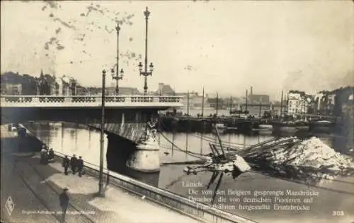 Ak Liège Lüttich Wallonien, Die von den Belgiern gesprengte Maasbrücke, Ersatzbrücke