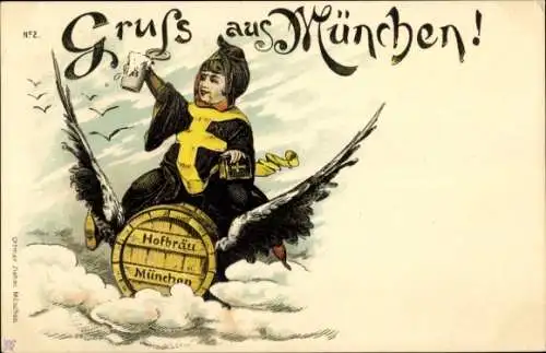 Litho München, Hofbräuhaus, Münchner Kindl auf geflügeltem Bierfass