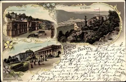 Litho Baden Baden, Altes Schloss, Conversationshaus, Friedrichsbad, Augustabad