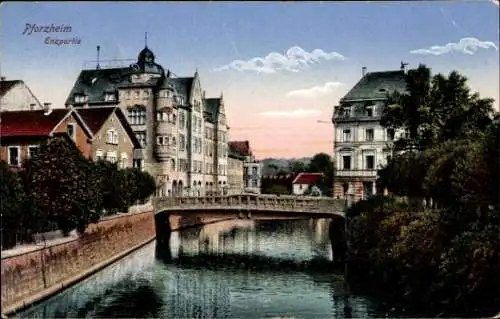 Ak Pforzheim im Schwarzwald, Teilansicht, Enz, Brücke