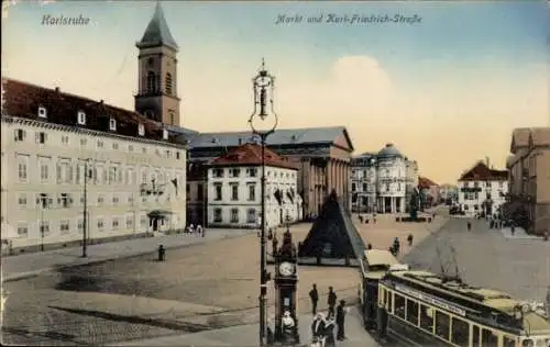 Ak Karlsruhe in Baden, Markt, Karl Friedrich Straße, Straßenbahn