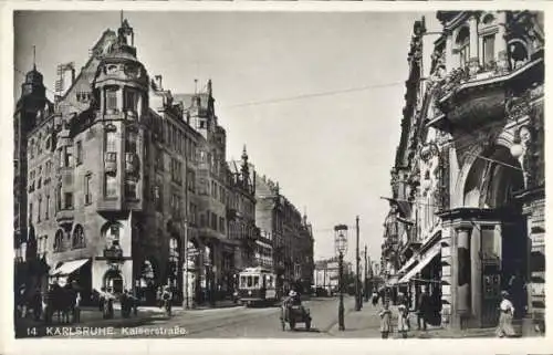 Ak Karlsruhe in Baden, Kaiserstraße, Geschäfte, Straßenbahn