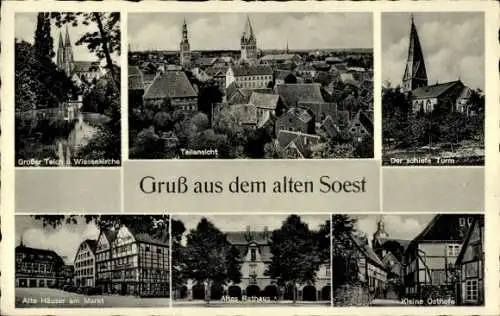 Ak Soest, Großer Teich, schiefer Turm, Markt, Rathaus