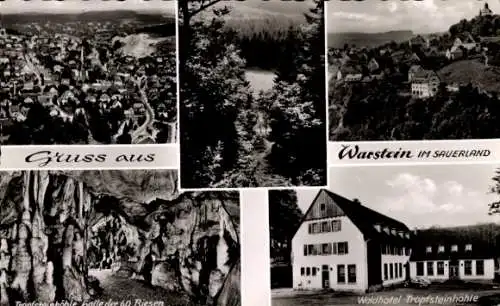 Ak Warstein im Sauerland, Totalansicht, Halle der 60 Riesen, Waldhotel Tropfsteinhöhle