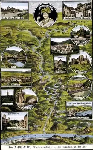 Ak Ahrweiler an der Ahr, Landkarte Ahrlauf, Bunte Kuh, Ahrquelle, Kurhaus