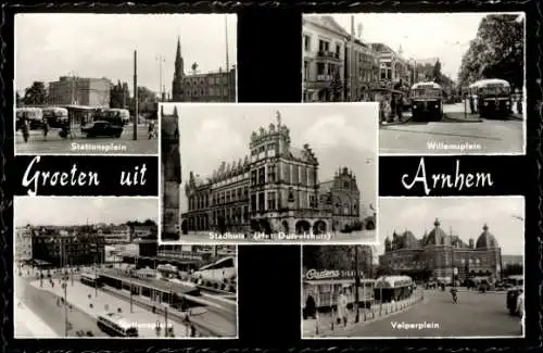 Ak Arnhem Gelderland Niederlande, Stationsplein, Willemsplein, Velperplein, Stadhuis