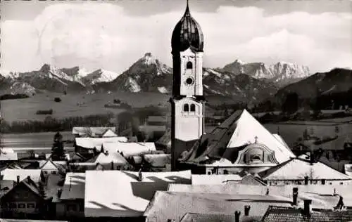 Ak Nesselwang im Allgäu, Teilansicht, Kirche, Winter, Säuling, Zugspitze