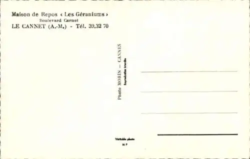 Ak Le Cannet Alpes Maritimes, Maison de Repos, Les Geraniums, Boulevard Carnot, Essbereich