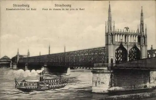 Ak Strasbourg Straßburg Elsass Bas Rhin, Pont du chemin de fer, Dampfer