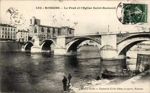 Ak Romans sur Isère Drôme, Pont, Eglise Saint Barnard