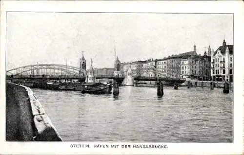 Ak Szczecin Stettin Pommern, Hafenpartie mit Blick auf die Hansabrücke, Lastkähne