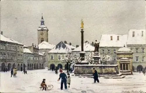 Künstler Ak Prochazka, Heinrich, Jičín Jitschin Region Königgrätz, Stadtplatz im Winter