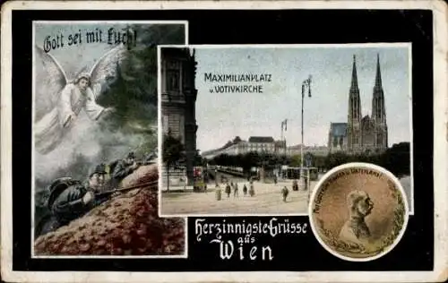 Ak Wien 9 Alsergrund Österreich, Votivkirche, Maximilianplatz, Engel, Soldaten