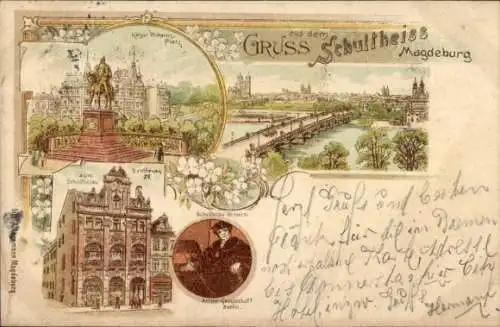 Litho Magdeburg an der Elbe, Zum Schultheiss, Breiteweg 29, Kaiser Wilhelms Platz, Denkmal