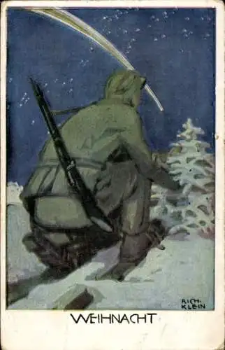 Künstler Ak Klein, R., Glückwunsch Weihnachten, Kriegsweihnacht, Soldat, Tannenbaum, Stern