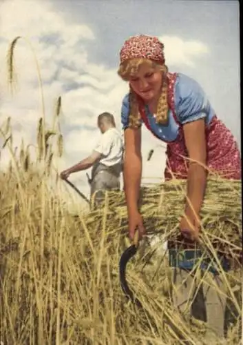 Ak Reklame, Indanthren, Frau mit Sichel, Mann mit Sense, Landwirtschaft