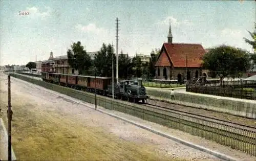 Ak Suez Ägypten, Eisenbahn, Bahnhof, Gleisseite