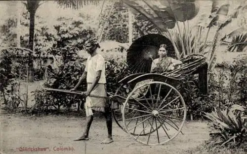 Ak Ceylon Sri Lanka, Ginrickshaw, Frau in einer Rikscha