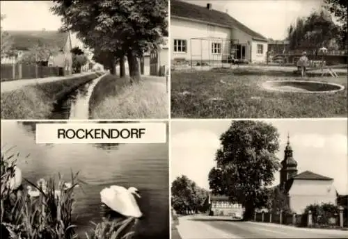 Ak Rockendorf Krölpa in Thüringen, Bach, Kindergarten, Teich, Kirche, Schwan