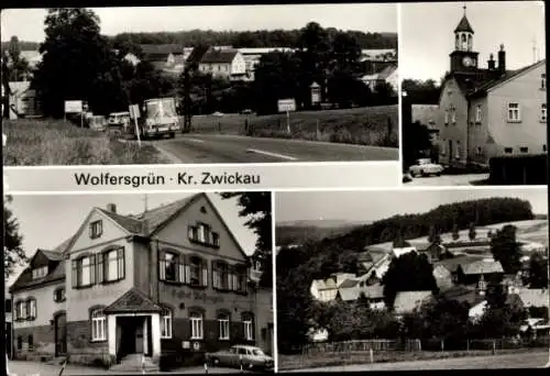 Ak Wolfersgrün Wallenfels in Oberfranken, Teilansicht, Gasthof, Glockenturm