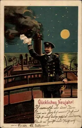 Litho Glückwunsch Neujahr, Seemann auf einem Dampfer