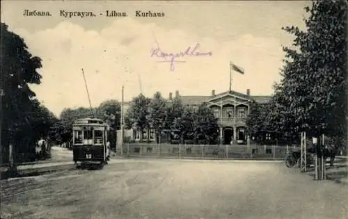 Ak Liepaja Libau Lettland, Partie am Kurhaus, Straßenbahn 13