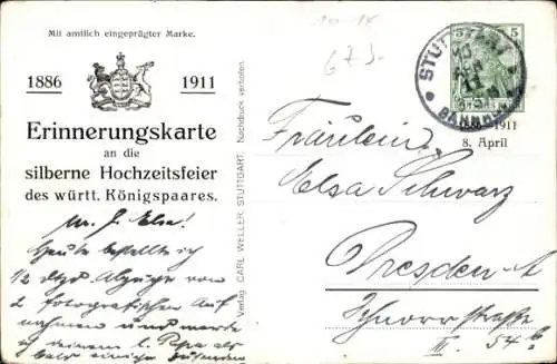 Ganzsachen Ak König Wilhelm II von Württemberg, Königin Charlotte, Silberhochzeit 1911