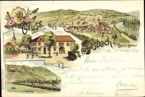 Litho Sasbach am Kaiserstuhl Sasbach am Rhein Baden, Gesamtansicht, Ruine Limburg, Gasthaus Löwen