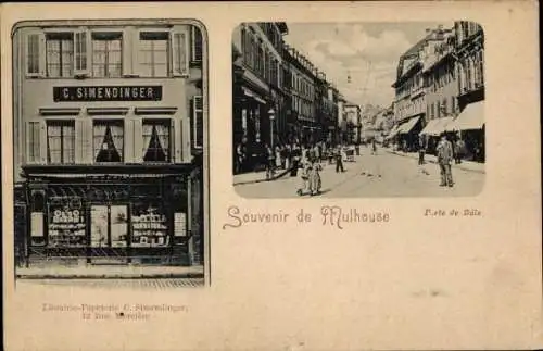 Ak Mulhouse Mülhausen Elsass Haut Rhin, Porte de Bale, Buchhandlung C. Simendinger, 12 Rue Mercière