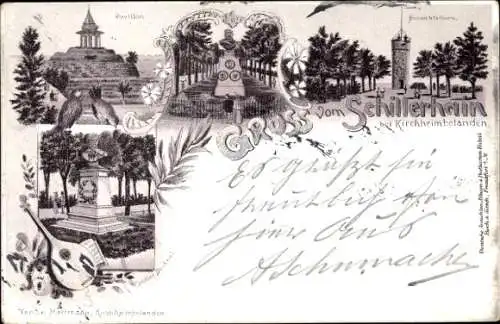 Litho Schillerhain Kirchheimbolanden in der Pfalz, Aussichtsturm, Pavillon, Schiller-Denkmal