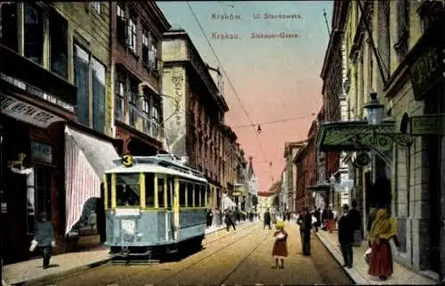 Ak Kraków Krakau Polen, Slakauer Gasse, Straßenbahn