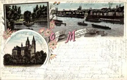 Litho Magdeburg an der Elbe, Elbansicht, Dom