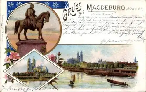 Litho Magdeburg, Kaiser Wilhelm Reiterdenkmal, Einweihung, Dom