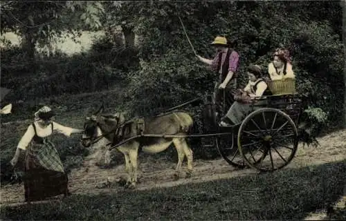 Ak Frankreich, Personen in Trachten mit Eselkutsche