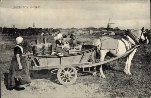 Ak Walcheren Zeeland, Melkkar, Milchkarren, Personen in Trachten, Windmühle