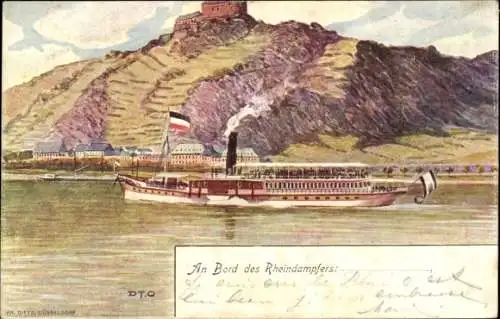 Künstler Litho Dampfer auf dem Rhein, Schloss